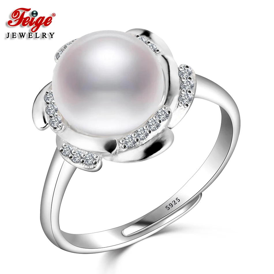 

FEIGE High Quality Pearl Ring 925 Sterling Silver Flower Finger Ring for Women 9-10MM White Freshwater Pearl Jewelry Lady Gifts