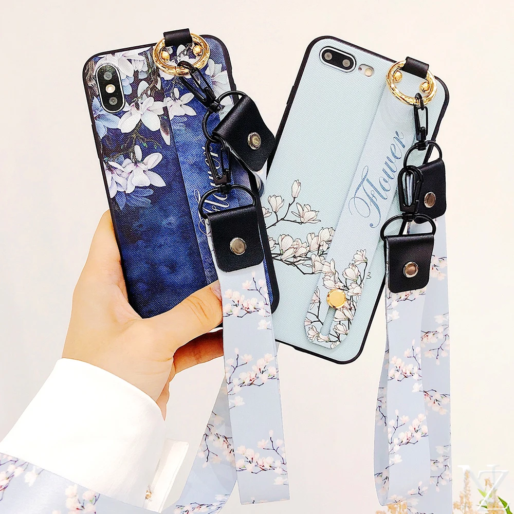 

Wristband Soft Cases For iPhone 6 6s 7 8 7Plus X XR XS Max white flower Back Coque Case with Sling Lanyard