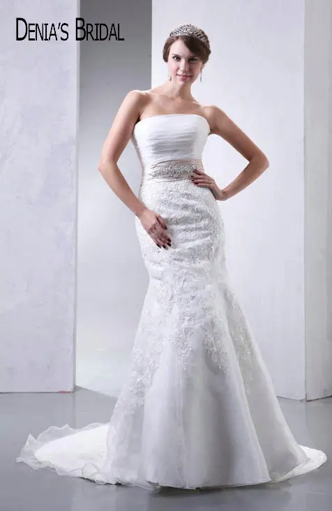 Actual Images Strapless Lace Mermaid font b Wedding b font Dresses Pleats Floor Length Chapel Train