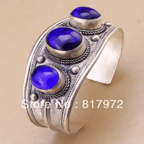 

Glamour Bling oval lapis lazuli bead inlay tibet silver cuff bracelet guarantee Adjustable Party Gift Style &6YB00046