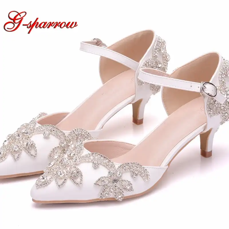 Wedding Shoes 5cm Kitten Heel Pointed Toe Ankle Strap Sandals Low