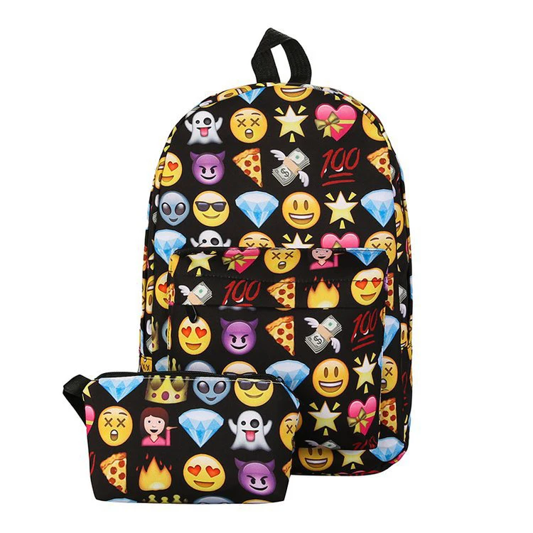 Teenage Girls Travel School Bag 2Pcs Emoji Backpack 3D Cute Smile