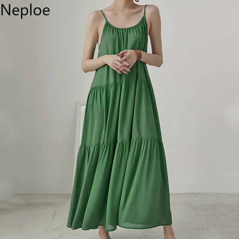 

Neploe Korean Beach Women Dress Sexy Backless O-Neck Sleeveless Camis Vestidos Fashion Loose Stretch Mid-Calf Length Robe 45187