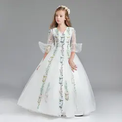 Милое бальное платье, кружевные платья с цветочным узором для девочек, детские вечерние платья с коротким рукавом и v-образным вырезом для