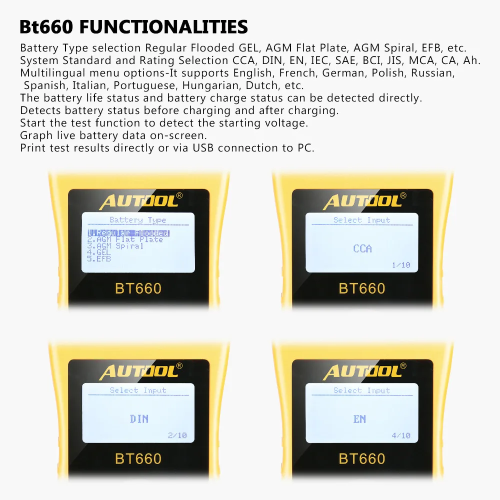 AUTOOL BT660 12V 24V Car Battery Tester Auto Cranking Charging Tester CCA Vehicle Starting System Diagnostic Tool with Printer
