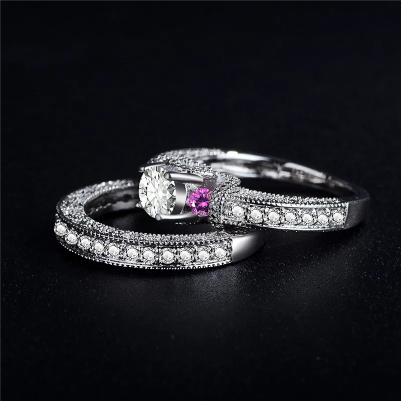 Trendy Exaggerated 585 White Gold Color Couple Rings For Women With 2 Pink Zircon Ring Sets Wedding Jewelry Anillos Mujer DM040