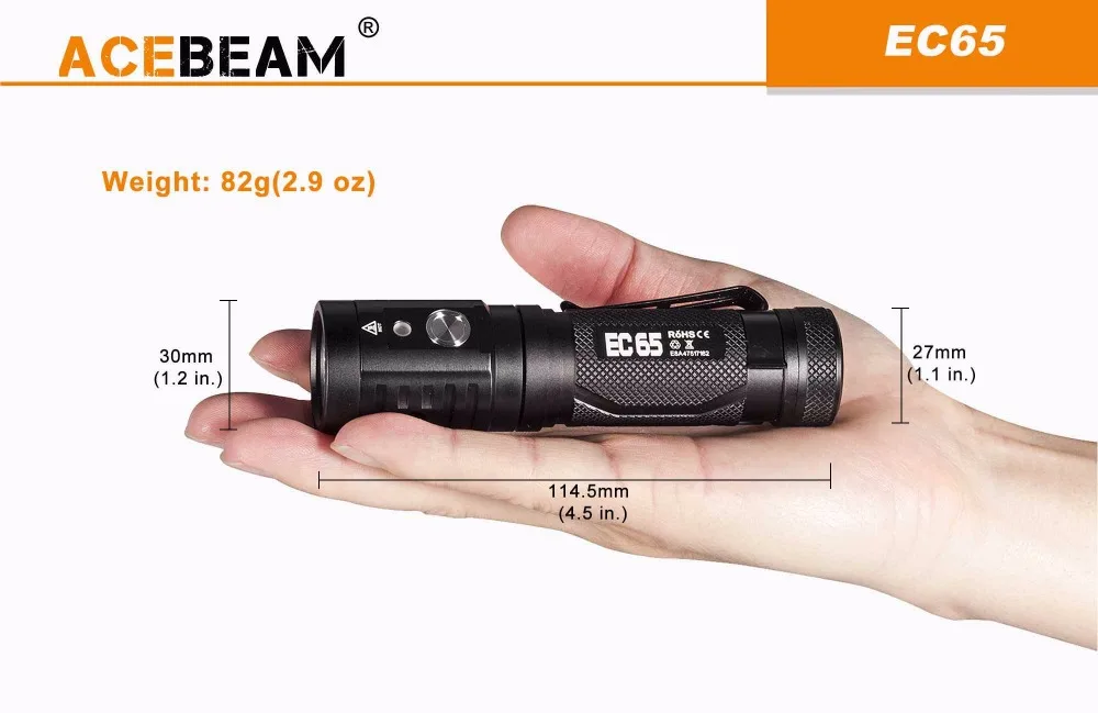 ACEBEAM EC65 тактический фонарик XHP35 HI NICHIA 4x90 + CRI светодиоды max 4000лм луч бросок 258 м Факел