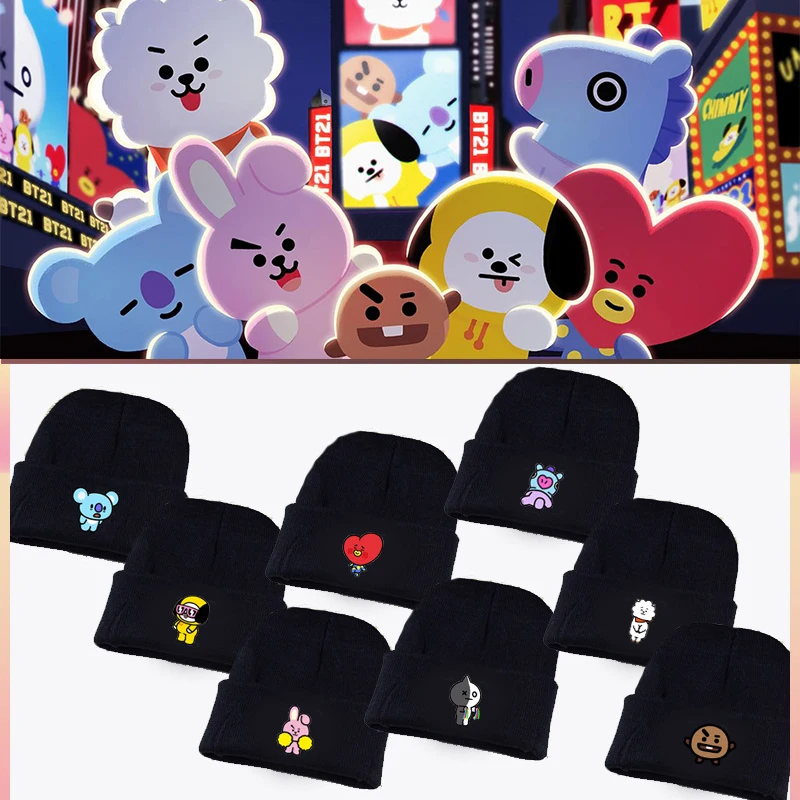 

Kpop Bangtan Boys ARMY BTS BT21 Fans Club Beanie Hip Hop Cartoon Cute Printed K-pop Knitted Cap Unisex Cool Korean Style Hat