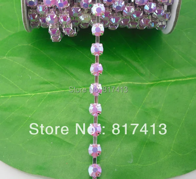 Light purple crystal glass rhinestone close Silver claw chain trims Applique 