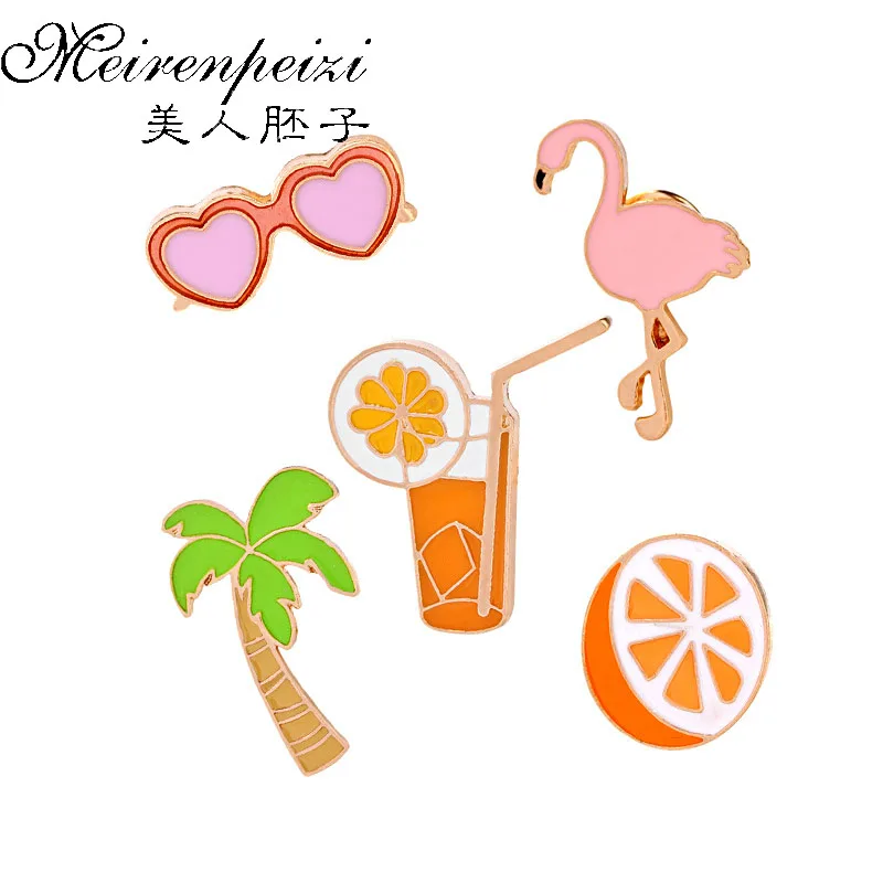 

Enamel Pins Orange Juice Coconut Tree Flamingo Animal Brooches For Women Pins Jewelry K-POP Badges Backpack Accessories