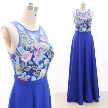 

MACloth Blue A-Line O Neck Floor-Length Long Embroidery Tulle Prom Dresses Dress M 266480 Clearance