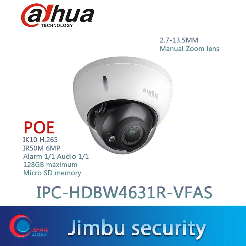 

Dahua IP camera 6MP HOT IPC-HDBW4631R-VFAS CMOS POE 2.7-13.5mm Manual zoom lens IK10 POE CCTV camera with SD card slot Max128GB
