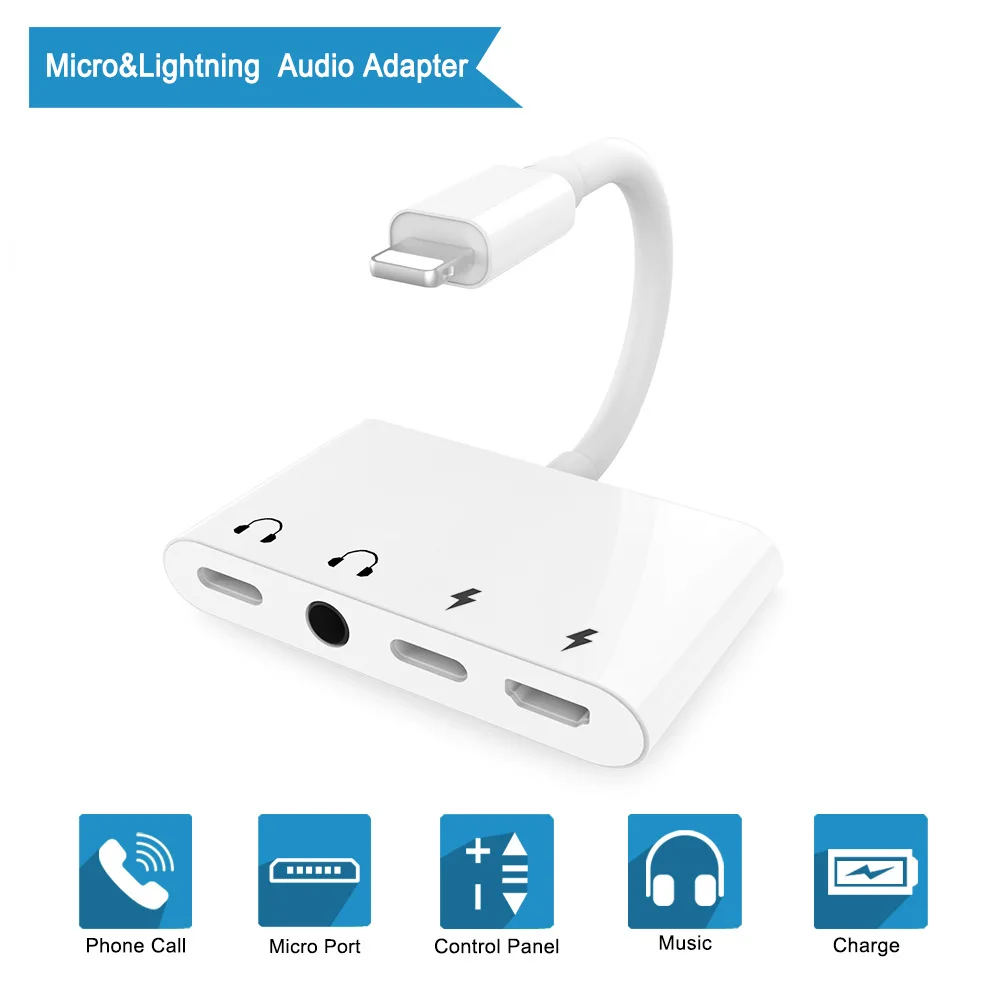 3 5mm Audio Headphone Aux Jack Adapter with MicroUSB Port Charger Splitter for 4 in 1 Converter for iPhone X 8 7 XS Max iOS13