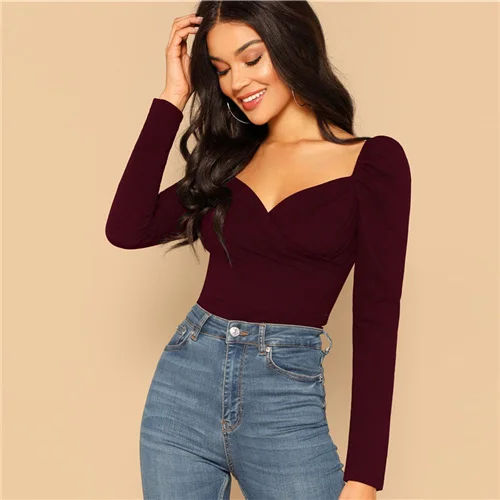 Maroon SHEIN Приталенный Топ На Молнии С Оригинальным Рукавом Сексуальные Женские Осенние Блузки - Цвет: Maroon