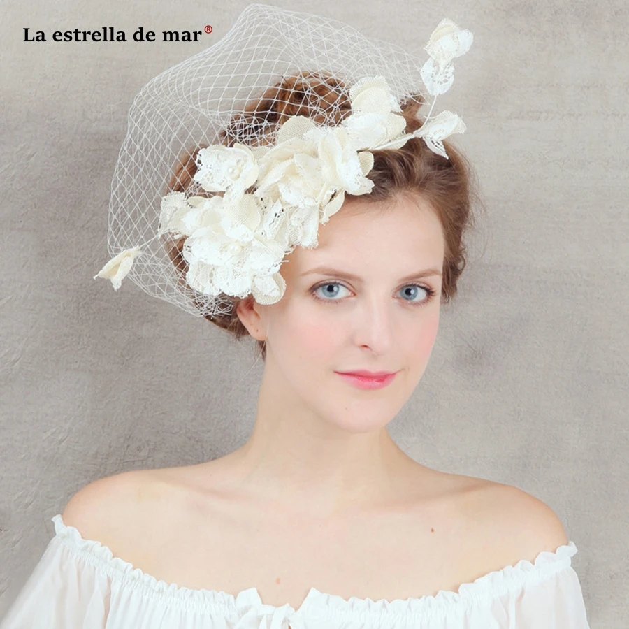 Tocados y pamelas de boda слоновой кости ручной работы белье кружева цветок вуаль невесты шляпа дешевые вводной mariage