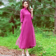 New2016Autumn Стиль Для женщин из хлопка и льна Свободное длинное платье с воротником «Мандарин», платье, элегантное китайское Стиль длинное платье из органзы льняное платье