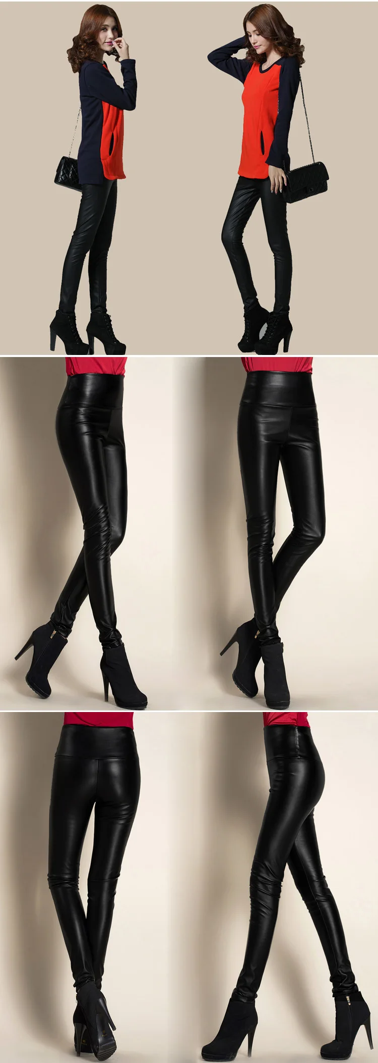 Autumn and winter large size with fleece PU color imitation leather leggings high waist tight leather trousers for women slim (16)