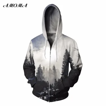 

AMOMA Unisex Realistic 3d Digital Print Pullover Zip Hoodie Sweatshirt White Forest