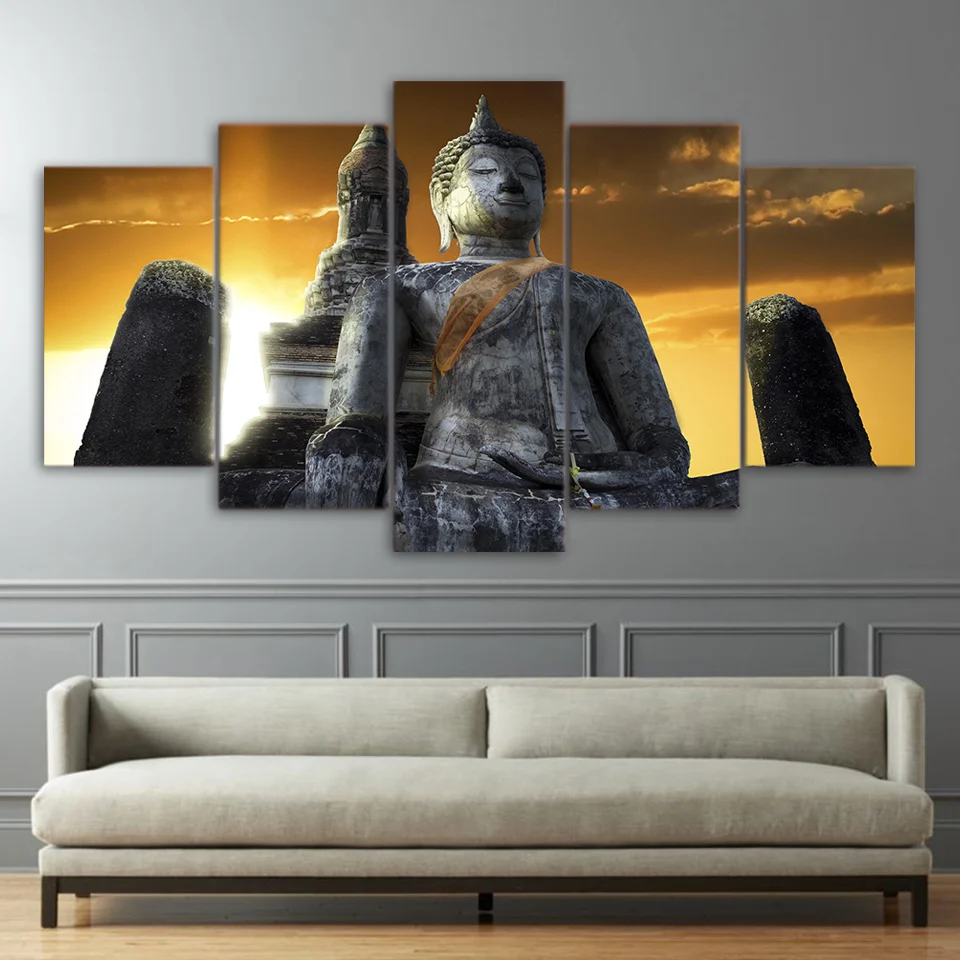 Home Decor Framework Canvas HD Prints Pictures Poster Wall Art 5 Pieces Huge Stone Buddha Statue Paintings For Living Room | Дом и сад