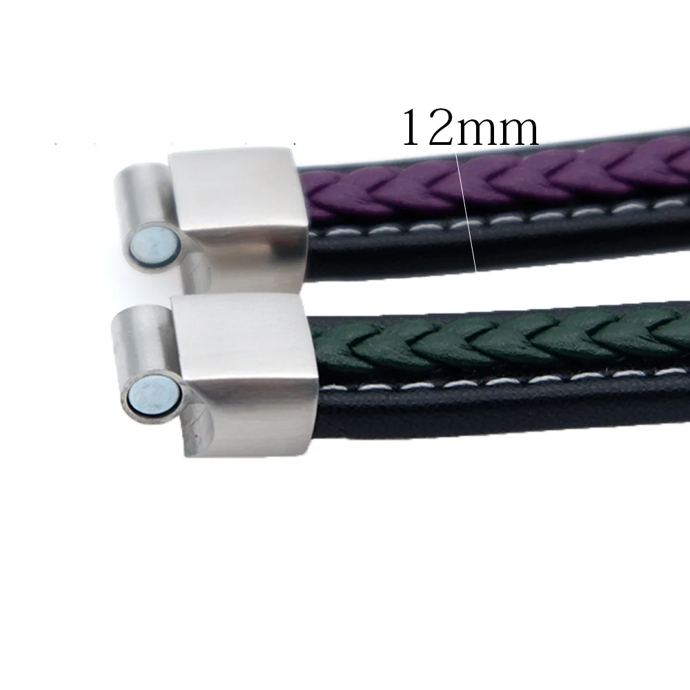 VEROMCA Punk Jewelry Purple Green Genuine Braided Leather Bracelet Stainless Steel Sliver Magnetic Clasp Double Leather Bangles Bracelets  (8)