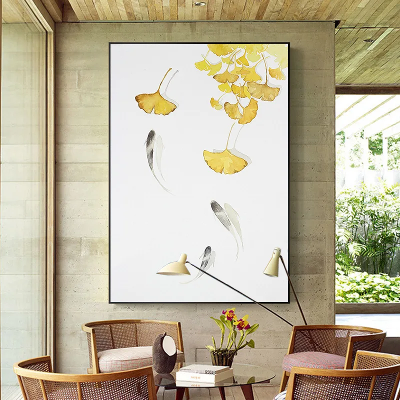 

Modern Chinese Style Living Room Porch Golden Ginkgo Leaves Canvas Painting Abstract Carp Fish Poster Wall Pictures Decoration
