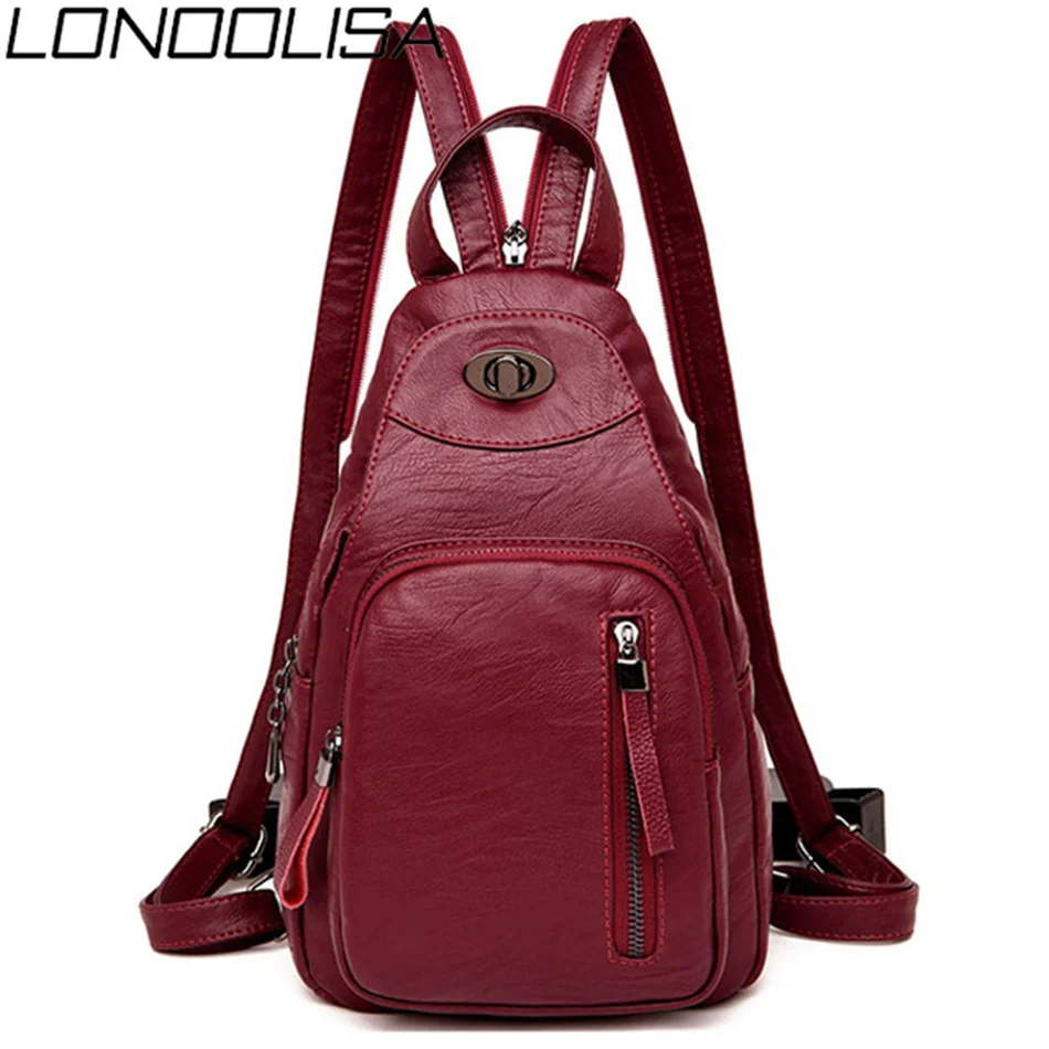 LONOOLISA Casual Women Backpack High Quality Leather Chest Bag Female