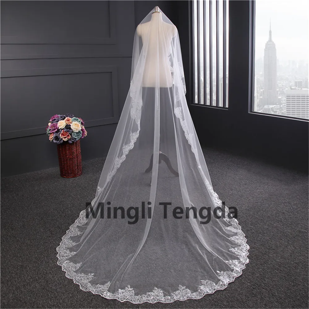 

Mingli Tengda One Layer 3 Meters Sequins Lace Edge Long Wedding Veils High Quality White/Ivory Bridal Veil Wedding Accessories