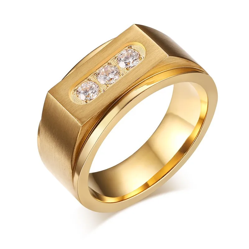 Нержавеющая сталь три CZ алмаз обручальное кольцо золото 18K покрыло обручальные кольца старинные ювелирные изделия мужчины анель Мужчина для