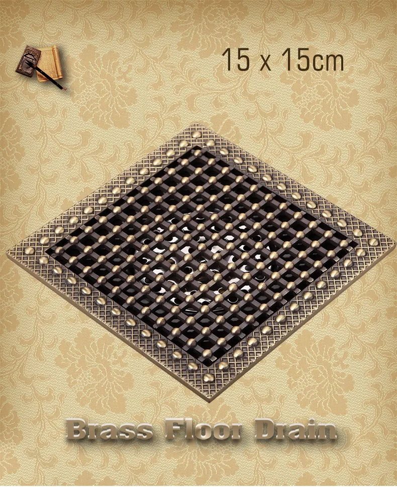 15 x 15 Square Bathroom Shower Drain Floor Drain Trap Waste Grate Antique Brass Grid Drain