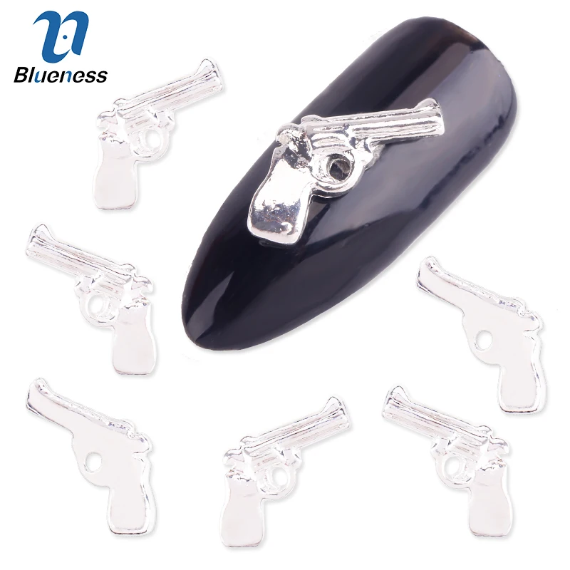 

Blueness 10Pcs/Pack Pistol Gun DIY 3D Nail Art Decorations Glitters Silver Alloy Nail Accessorie Tools TN1039 Gift