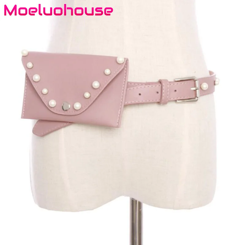 

Moeluohouse Waist Fanny Packs Bag Women Female Adjustment Belt Pearl Hasp Solid PU Korean Style Casually Business Kawaii Gift
