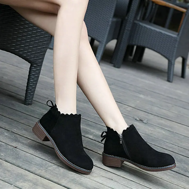

New Women Boots Autumn Women Ankle Shoes Round Toe Fashion Bow Black Boots Fashion Suede Leather Shoes Zipper Square Heel Boots