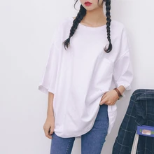 Женская летняя повседневная Очаровательная однотонная Базовая хлопковая футболка с короткими рукавами и круглым вырезом, свободная футболка оверсайз с передним карманом, большие размеры