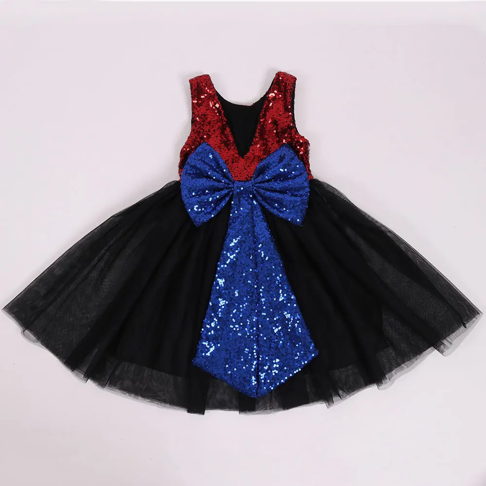 Платье-пачка с блестками для девочек платье принцессы с бантом детское платье с v-образным вырезом и цветочным рисунком розовое платье для малышей праздничное платье без рукавов для девочек - Цвет: Black Wine Navy 01