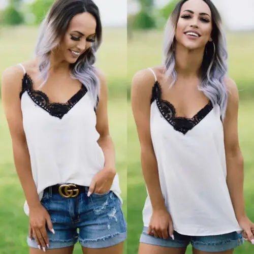 

2019 Women Lace Summer V Neck Vest Tank Sleeveless Tops T-Shirt Casual TeeS