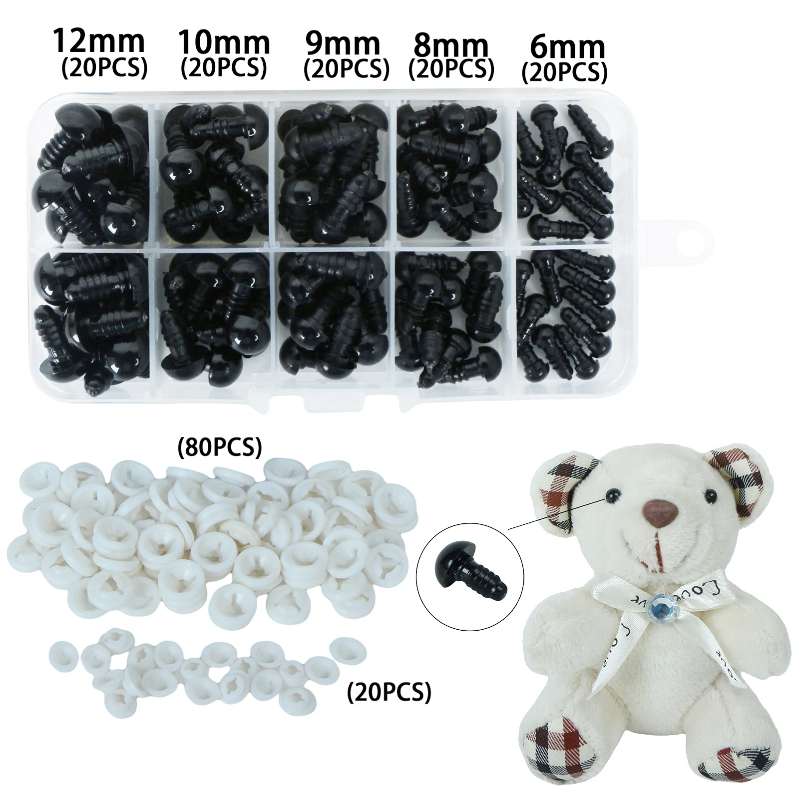 

100 Pcs 6-12mm Black Plastic Plush Toy DIY Crafts Safety Eye Crafts + Storage Box Stuffed Toys Doll Amigurumi Puppet Accessories
