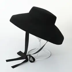 Для женщин классический Винтаж Одри Хепберн большой черный Wool FLOPPY HAT британская элегантность Стиль из фетровой шляпе с дугообразным поля