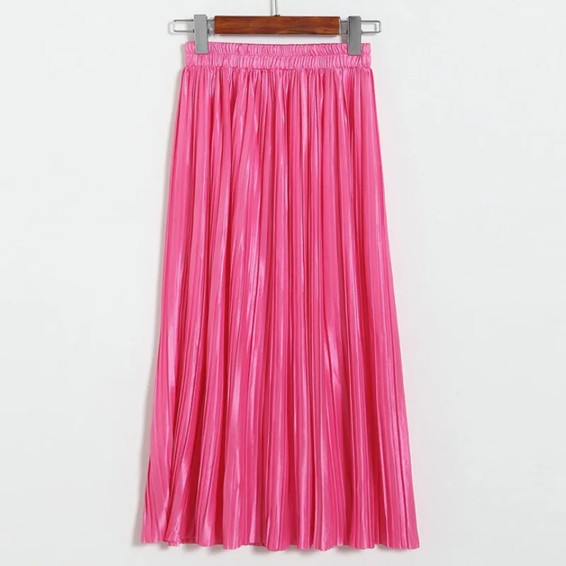 Aonibeier Women Pleated Skirt Long Skirt Elastic High Waist Midi Skirt Autumn Sexy Fashion Female Vintage Metallic Skirts Womens - Цвет: Hot Pink