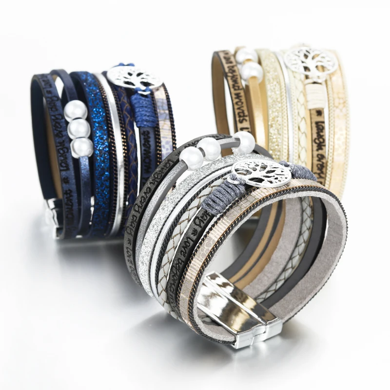 Pearl leather bracelet ALLYES tree of life charm for women men fashion bohemian multilayer wide wrap