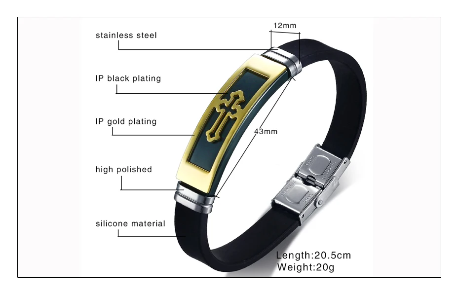 Meaeguet Trendy Stainless Steel Hollow Buds Cross Bracelet For Men Religious Black Rubber Silicone Charm Bracelets  (5)
