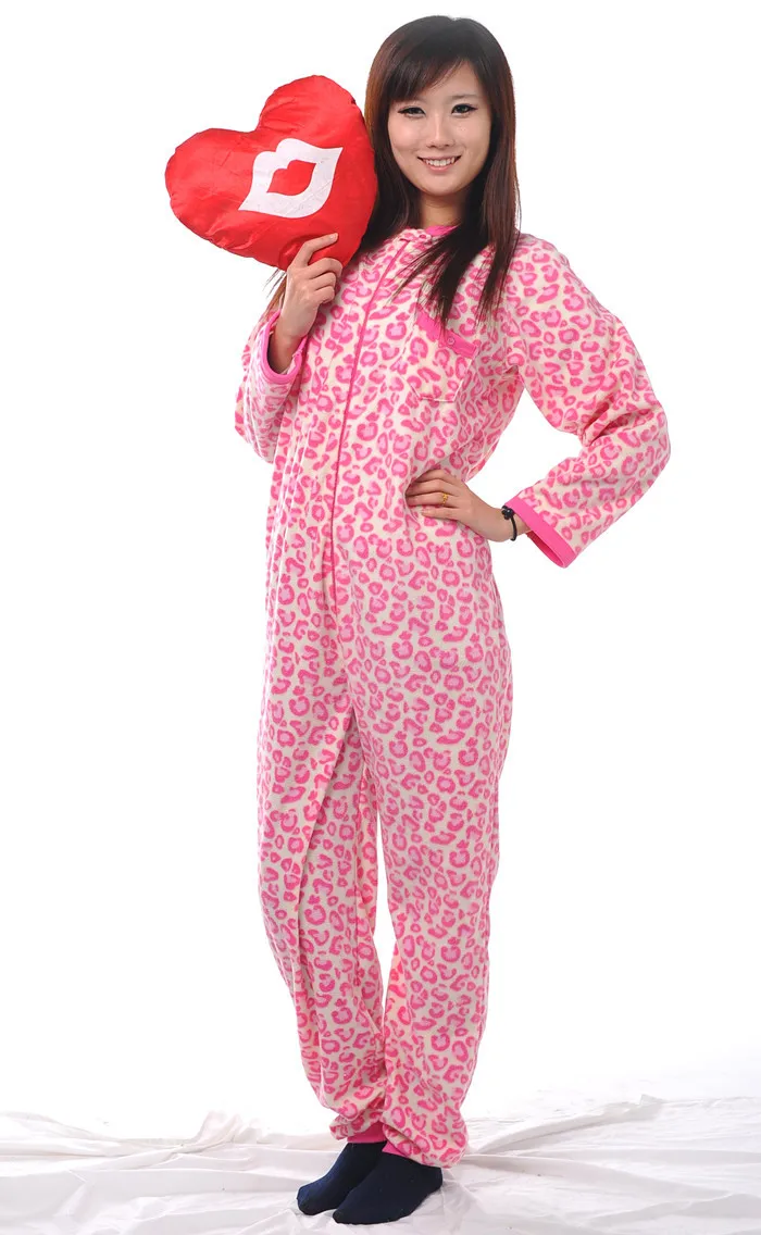 Hot Unisex Adult Pink Leopard Pyjamas Footed Pajamas Sleepsuit Onesie 