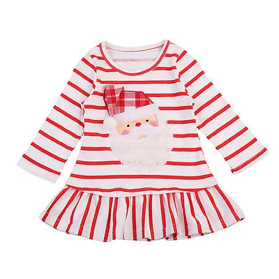 

Christmas Baby Girls Dress Santa Claus Princess Striped Dresses With Ruffle Hem