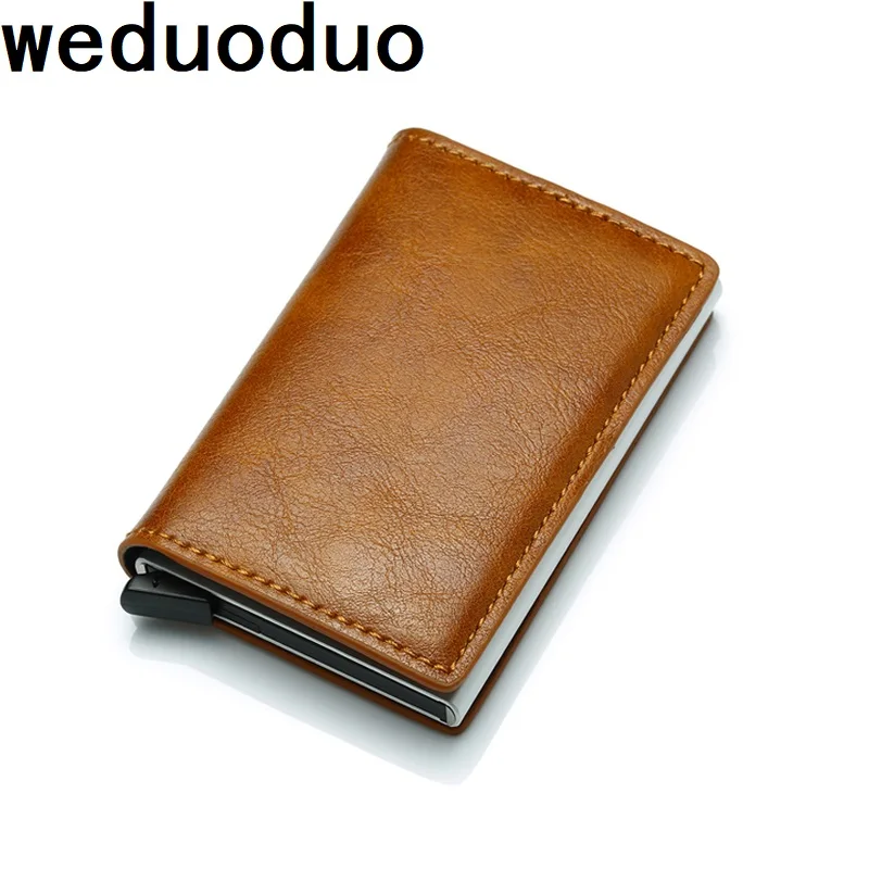 

Weduoduo New Antitheft Men And Women Credit Card Holder RFID Aluminium Business Card Holder Crazy Horse PU Leather MIni Wallet