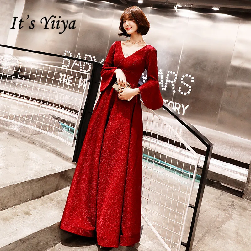Вечернее Платье Wine Red Flare Рукавом It's YiiYa, Вечернее Платье Винтажное, Женская Мода V-образным Вырезом, С Длинными Рукавами, Платья Партии, E089, Лето
