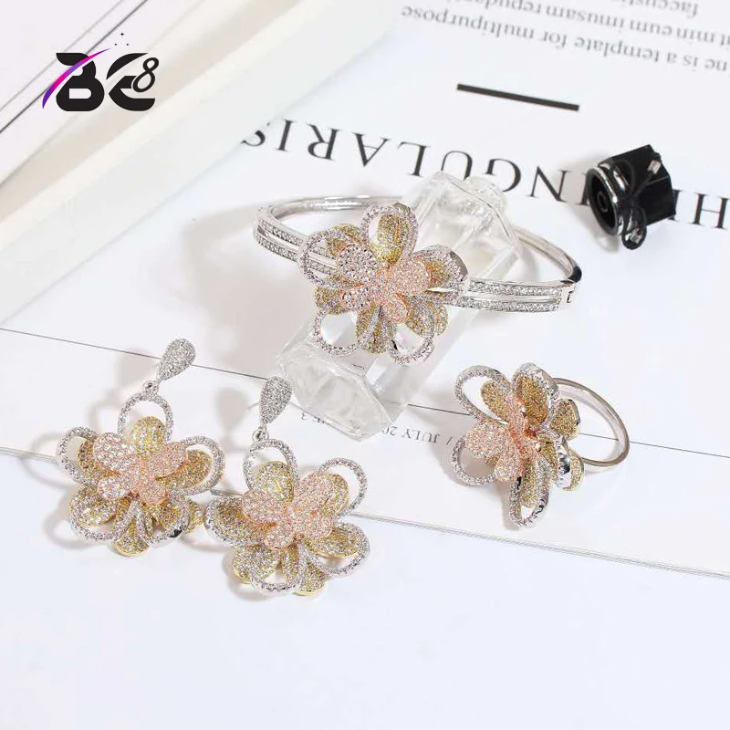 

Be 8 Luxury Women Jewelrys Elegant Flower Shape Bridal CZ Earrings Bracelet Ring 3pcs Big Wedding Jewelry Sets for Bride S043