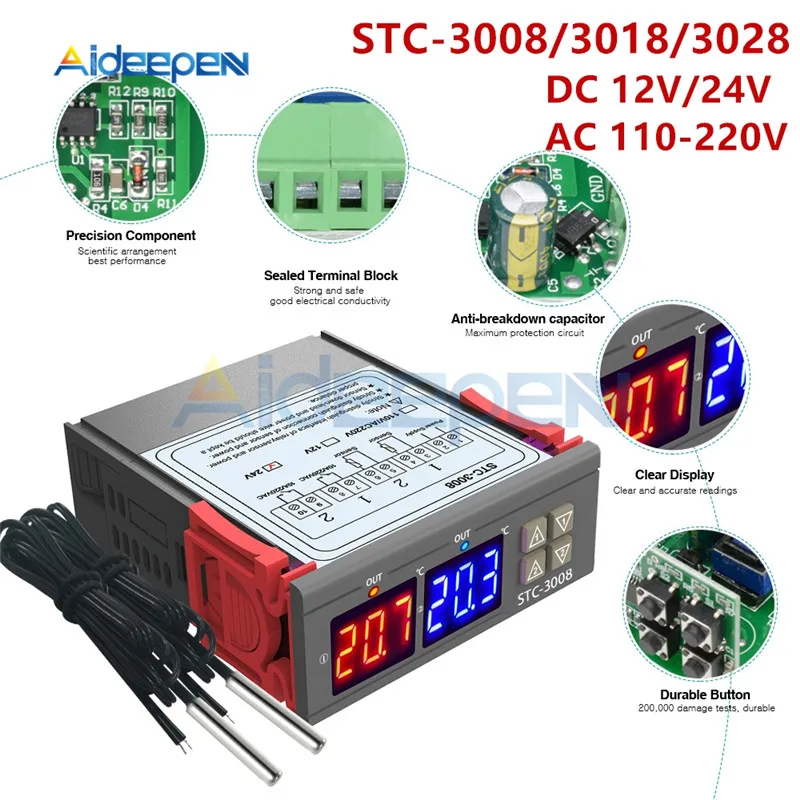 STC-3008 3018 3028 AC 110V 220V DC 12V 24V 10A Двойной Цифровой температурный контроллер гигрометр Отопление охлаждение два релейных выхода