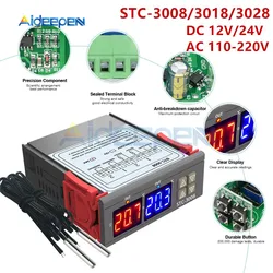 Contrôleur de température numérique double, STC 3008 3018 3028 AC 110V 220V DC 12V 24V 10A, hygromètre, chauffage et refroidissement, deux sorties de relais 