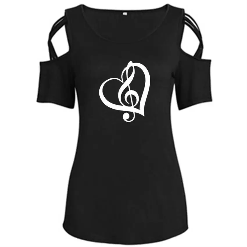 Новая модная кофта с открытыми плечами, футболка для женщин с милым сердцем, музыкальным символом любви, буквенным принтом, Футболка женская Harajuku