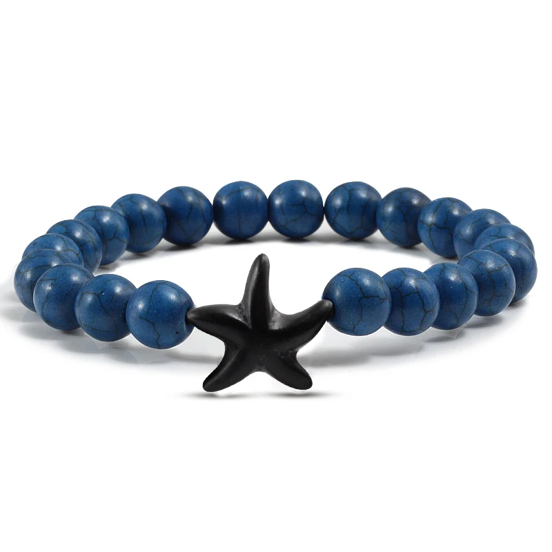 Мода Морская звезда синяя зеленая бирюза бисерные браслеты Пляж Шарм ювелирные изделия Морская звезда натуральный камень браслет пара подарки - Окраска металла: DK Blue
