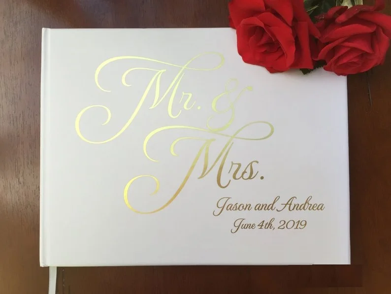 

Personalized Mr Mrs Wedding Journal Unique Wedding Guest Book Ideas foil Gold Calligraphy engagement Guestbook photo books